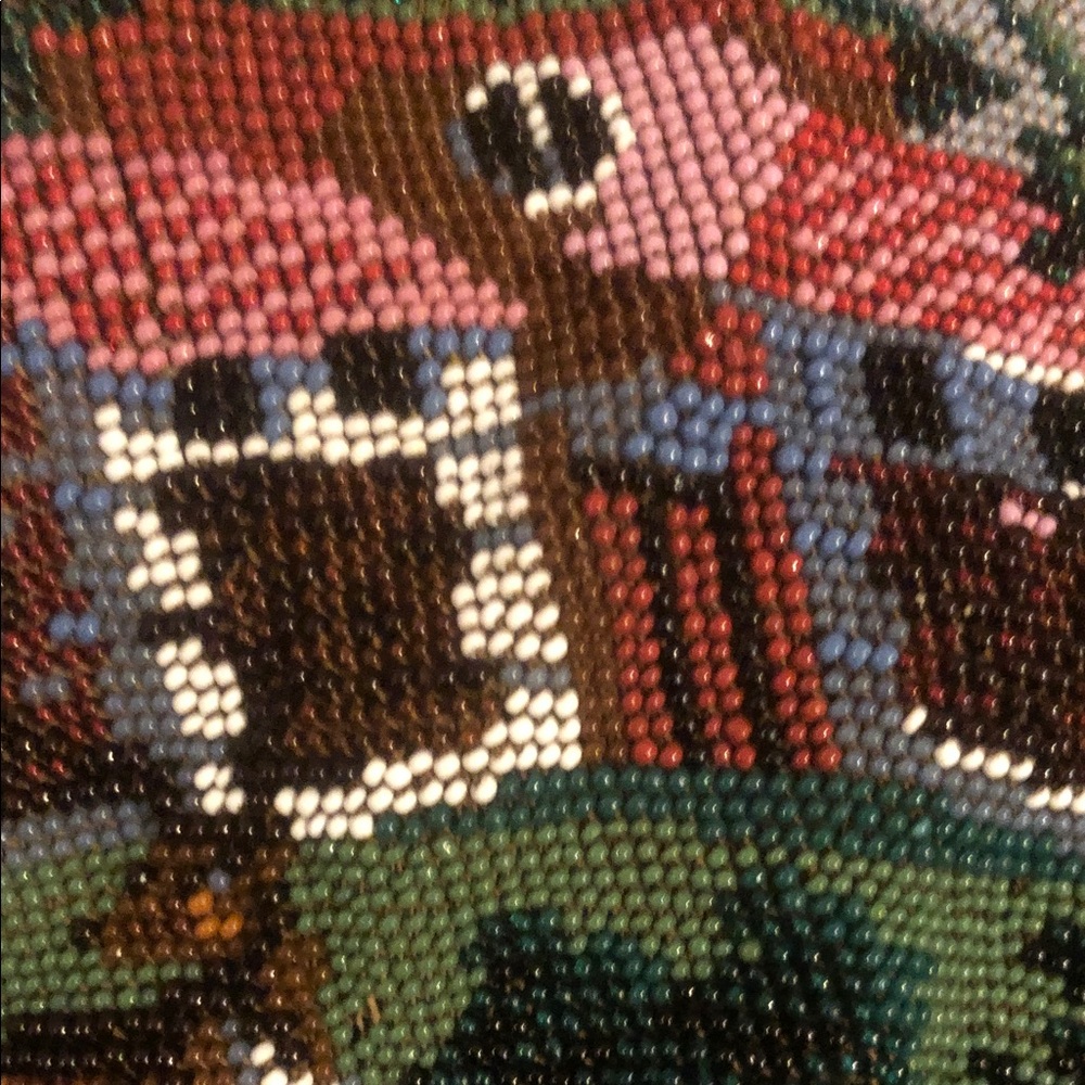 Vintage Beaded Scenic Drawstring Pouch - Green, Red, Brown - Picture 5 of 6